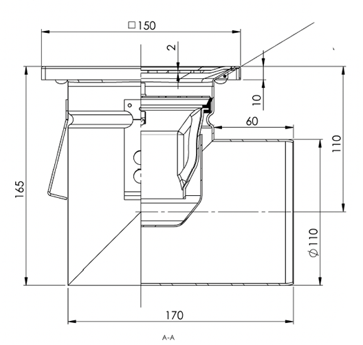 Desagüe de suelo 150x150mm, mini desagüe de acero inoxidable DN 110, rejilla de chapa perforada, horizontal – cuadrada – de una pieza