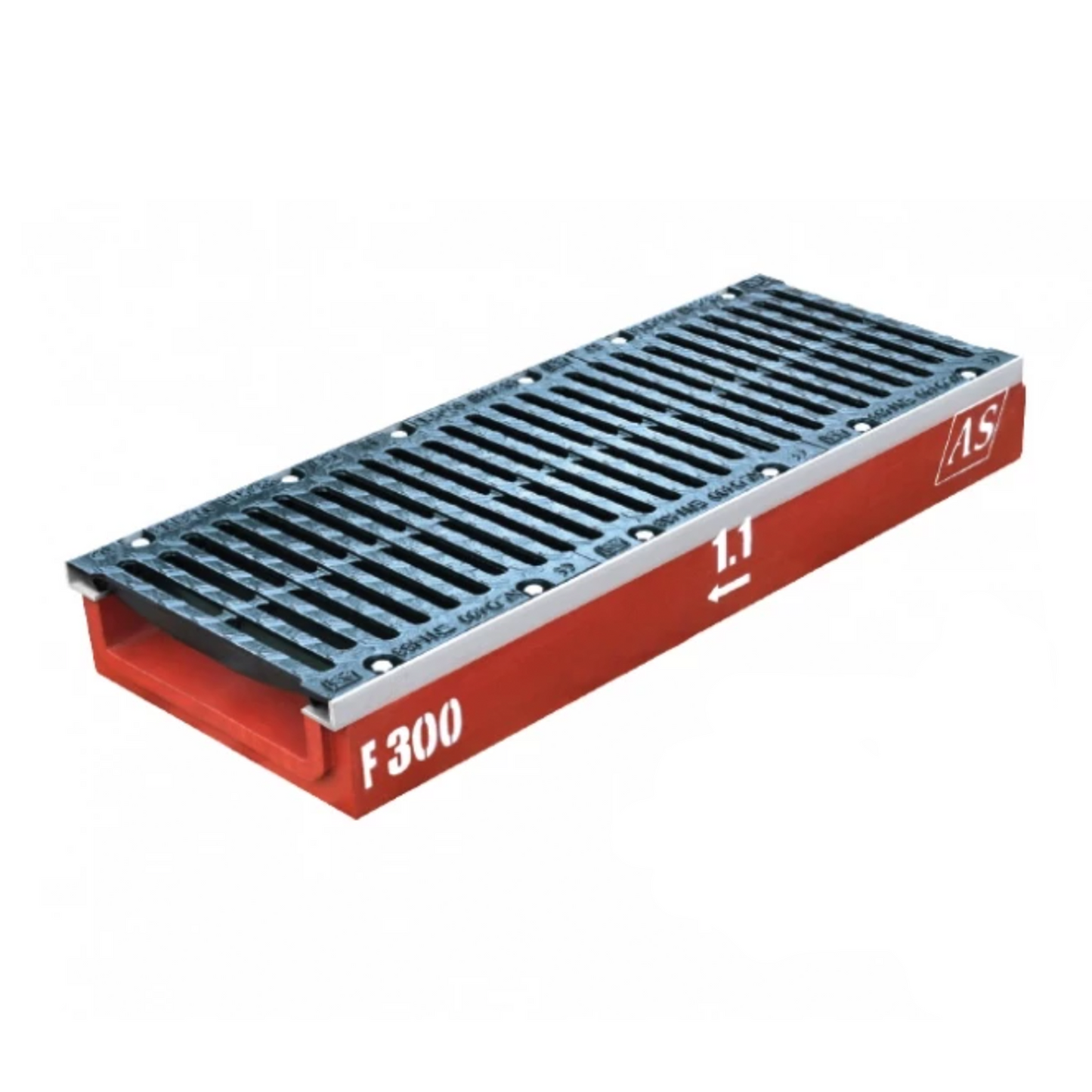Juego de canales de drenaje de hormigón RedLine AS-A300 de 1 m, 13 x 39 cm, C250-F900kN, con rejilla de fundición y protección de cantos.