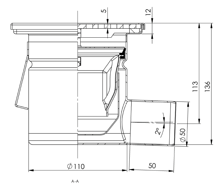 Desagüe de suelo 150x150mm, mini desagüe de acero inoxidable DN 50, horizontal – cuadrado – de una pieza