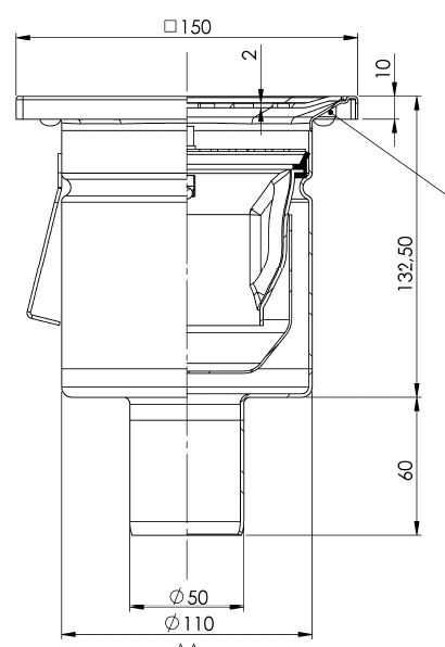 Desagüe de suelo 150x150mm, mini desagüe de acero inoxidable DN 50, rejilla de chapa perforada, vertical – cuadrado – de una pieza