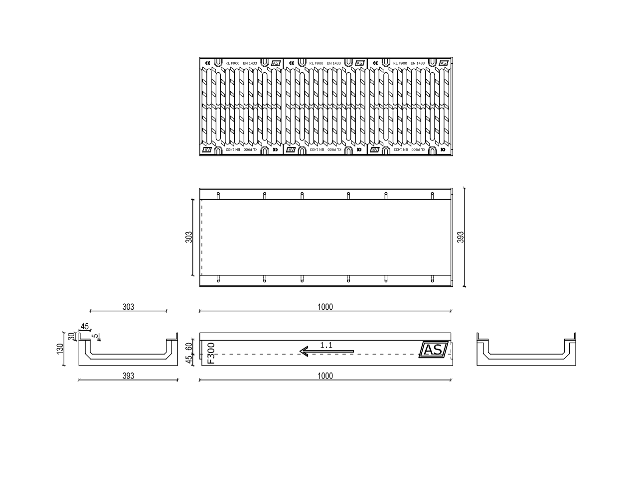Juego de canales de drenaje de hormigón RedLine AS-A300 de 1 m, 13 x 39 cm, C250-F900kN, con rejilla de fundición y protección de cantos.