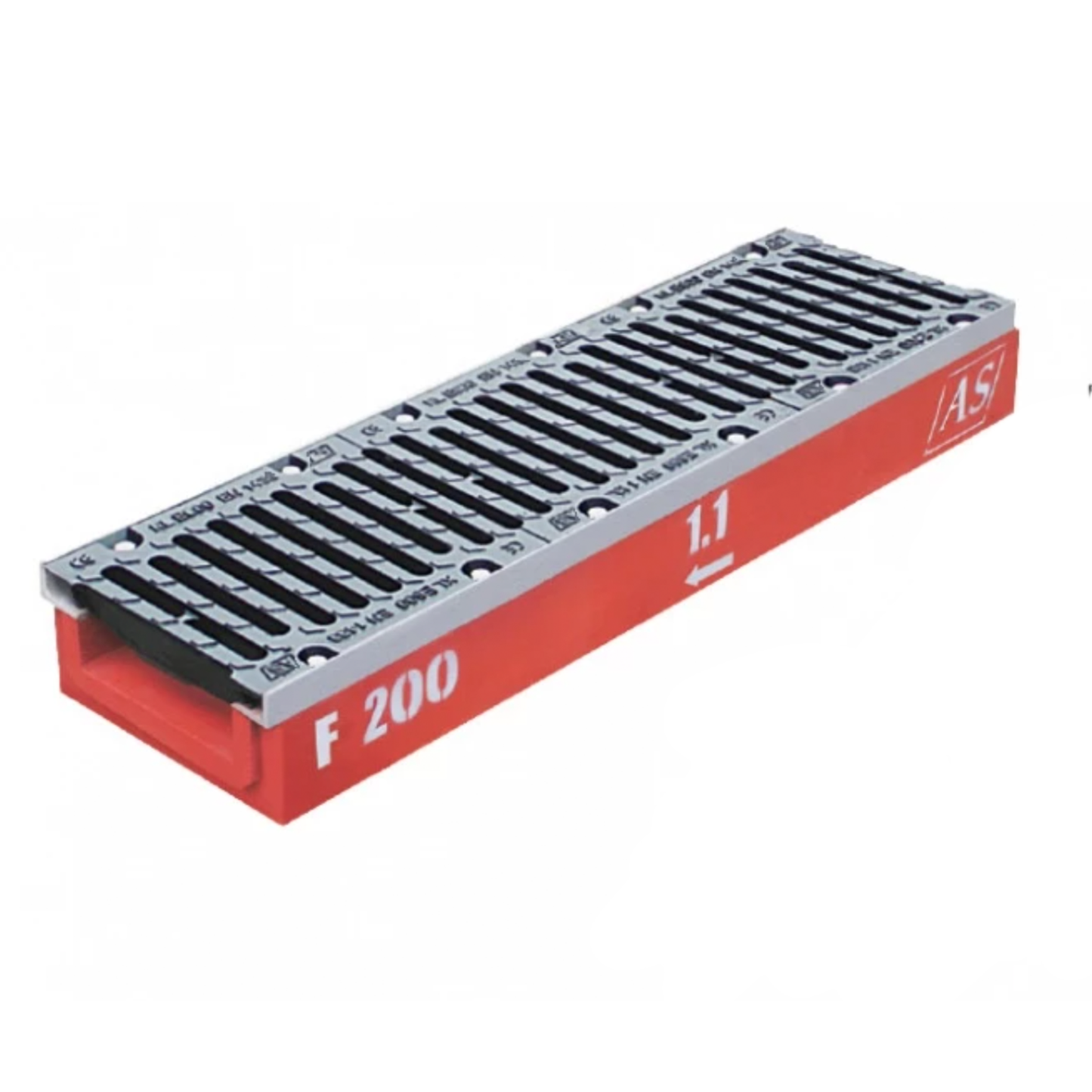 Juego de canales de drenaje de hormigón RedLine AS-A200 de 1 m, 13 x 29 cm, C250-F900kN, con rejilla de fundición y protección de cantos.