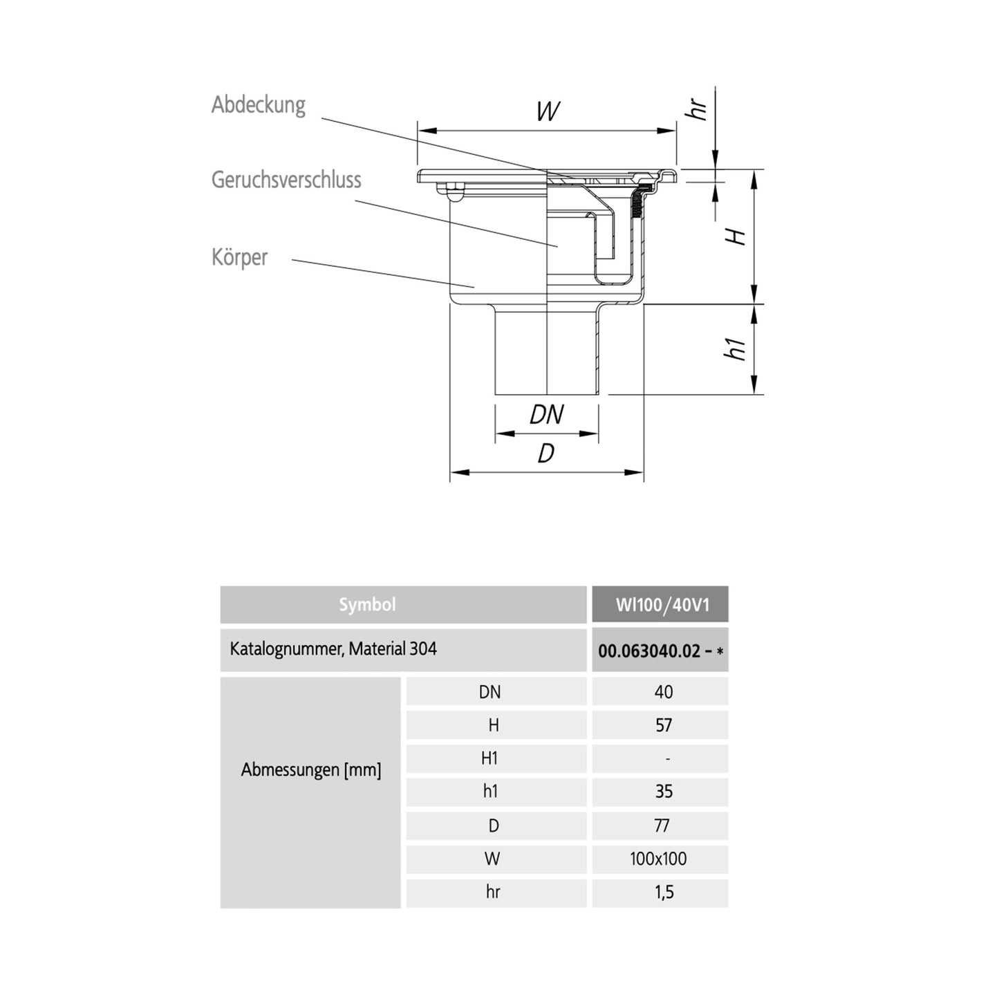 Desagüe de baño 100x100mm, acero inoxidable 304 – DN 40, vertical – cuadrado