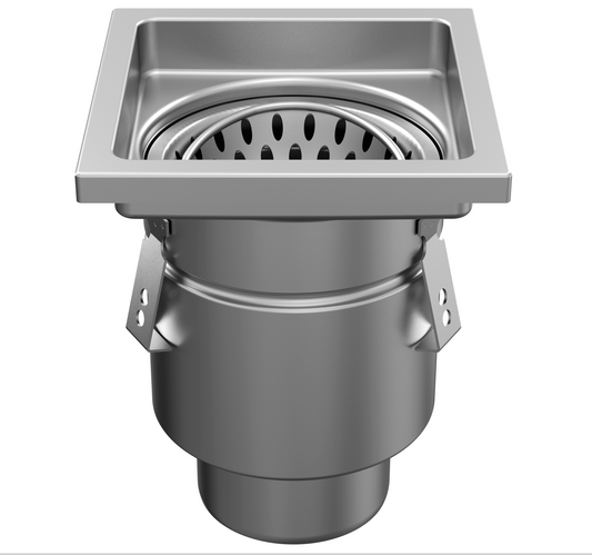 Desagüe de suelo 200x200mm, desagüe profesional de acero inoxidable DN 75, vertical - una pieza - cuadrado