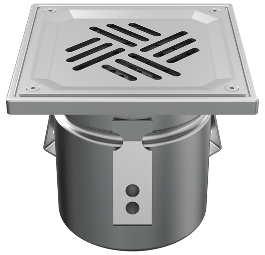Desagüe de suelo 150x150mm, mini desagüe de acero inoxidable DN 110, rejilla de chapa perforada, vertical – cuadrada – de una pieza