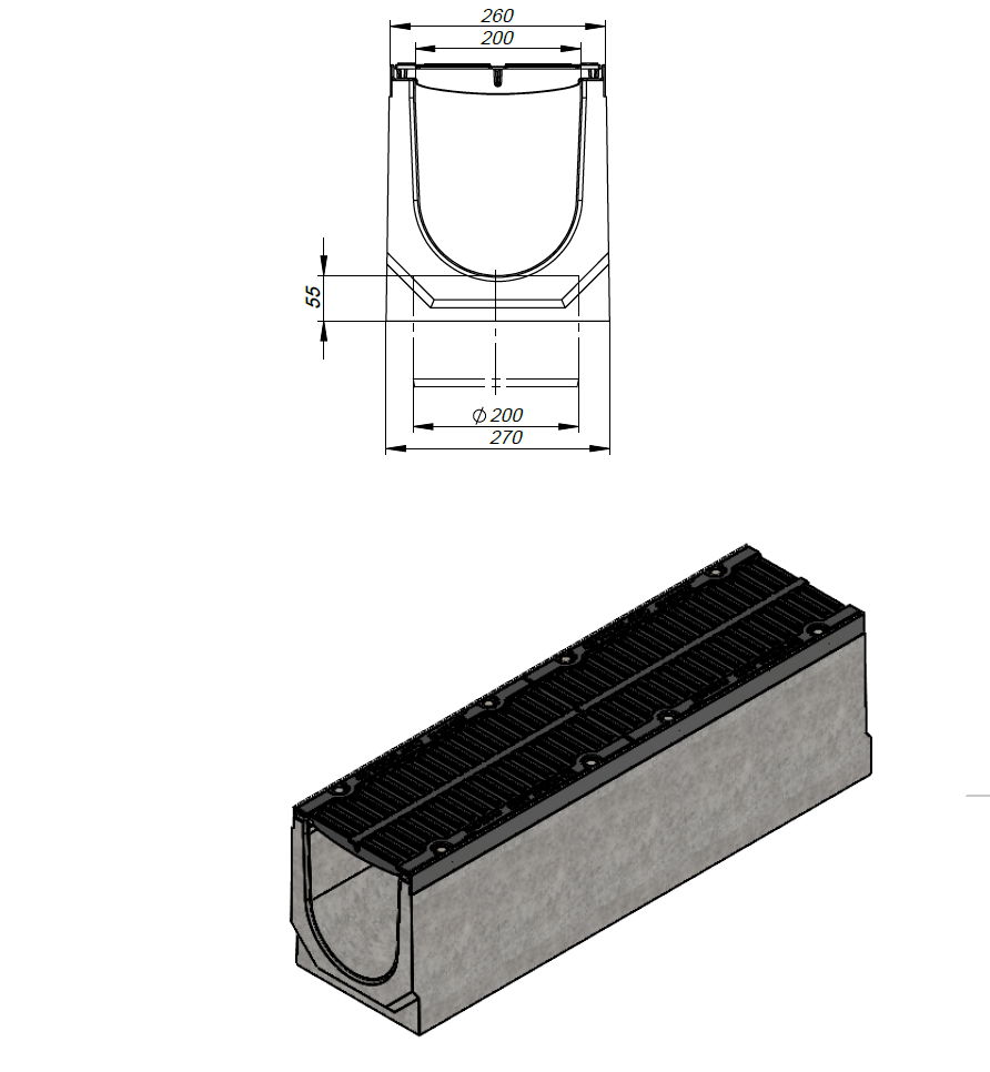 1m. set Schwerlastrinne Betonrinne DN200 26x26cm + Gussrost D400