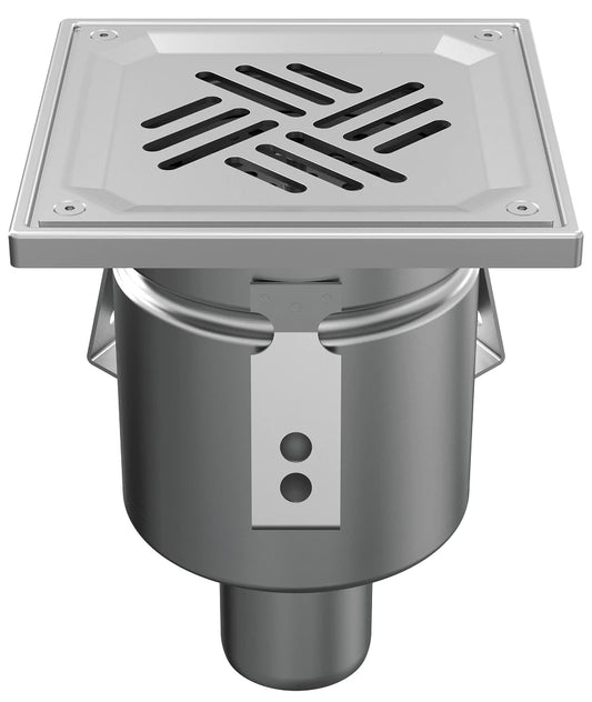 Desagüe de suelo 150x150mm, mini desagüe de acero inoxidable DN 75, rejilla de chapa perforada, vertical – cuadrado – de una pieza