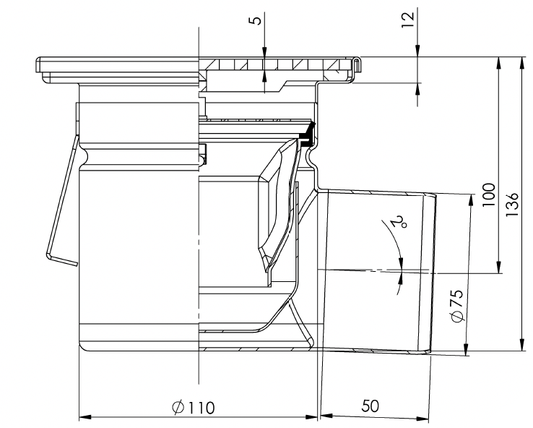 Desagüe de suelo 150x150mm, mini desagüe de acero inoxidable DN 75, horizontal – cuadrado – de una pieza 
