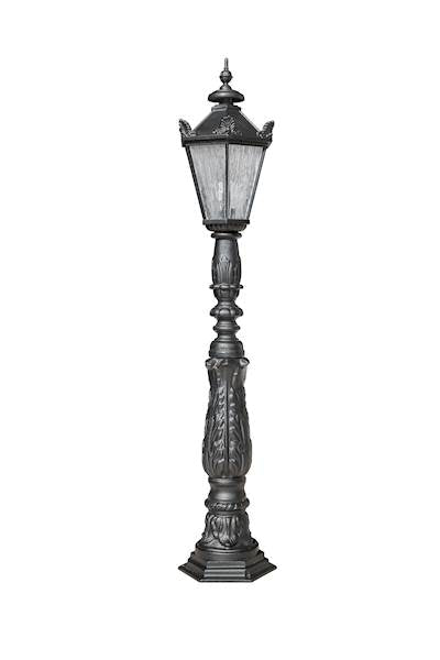 Farola clásica IV PEQUEÑA: farola de hierro fundido, altura 123 cm, pantalla pequeña (5 lados), color negro, iluminación exterior.