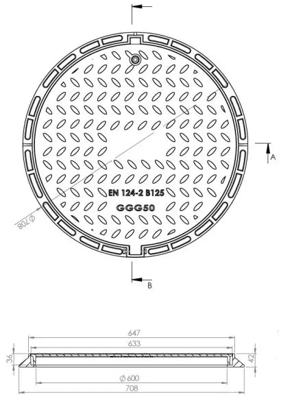 Tapa de registro B125 Fi600 Ø 708mm MK210 Fundición dúctil