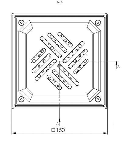 Desagüe de suelo 150x150mm, mini desagüe de acero inoxidable DN 50, rejilla de chapa perforada, vertical – cuadrado – de una pieza 
