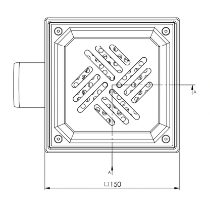 Bodenablauf 150x150mm, Edelstahl-Mini-Ablauf DN 50, Blechrost verbohrt, horizontal – quadratisch – einteilig