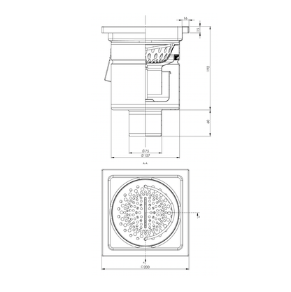Desagüe de suelo 200x200mm, desagüe profesional de acero inoxidable DN 75, vertical - una pieza - cuadrado 