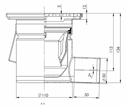 Desagüe de suelo 150x150mm, mini desagüe de acero inoxidable DN 50, horizontal – cuadrado – de una pieza 