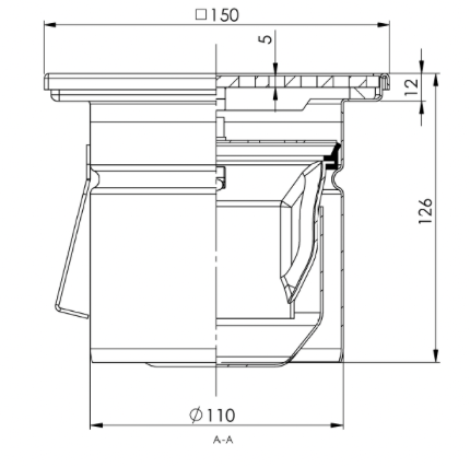 Desagüe de suelo 150x150mm, mini desagüe de acero inoxidable DN 110, vertical – cuadrado – de una pieza 