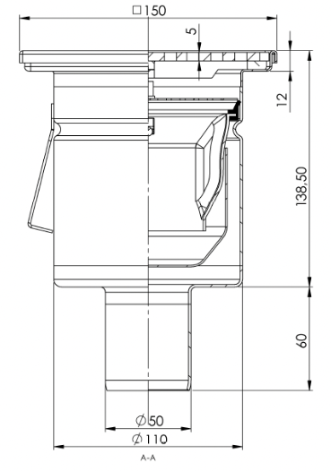 Desagüe de suelo 150x150mm, mini desagüe de acero inoxidable DN 50, vertical – cuadrado – de una pieza 