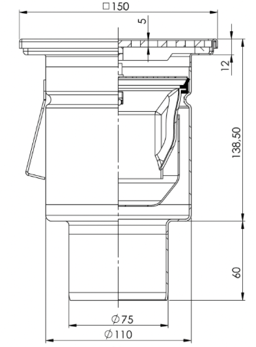 Desagüe de suelo 150x150mm, mini desagüe de acero inoxidable DN 75, vertical – cuadrado – de una pieza 
