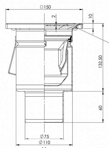 Desagüe de suelo 150x150mm, mini desagüe de acero inoxidable DN 75, rejilla de chapa perforada, vertical – cuadrado – de una pieza 