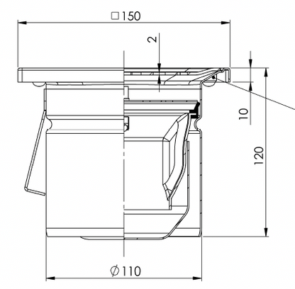 Desagüe de suelo 150x150mm, mini desagüe de acero inoxidable DN 110, rejilla de chapa perforada, vertical – cuadrada – de una pieza 