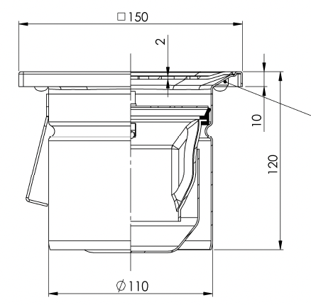 Desagüe de suelo 150x150mm, mini desagüe de acero inoxidable DN 110, rejilla de chapa perforada, vertical – cuadrada – de una pieza 