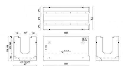Canal de drenaje de hormigón armado de 1 m AS-200 Tipo 1 53x50 cm C250-F900kN con rejilla de fundición
