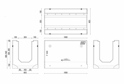 Canal de drenaje de hormigón armado de 1 m AS-300 Tipo 1 66x60 cm C250-F900kN con rejilla de fundición