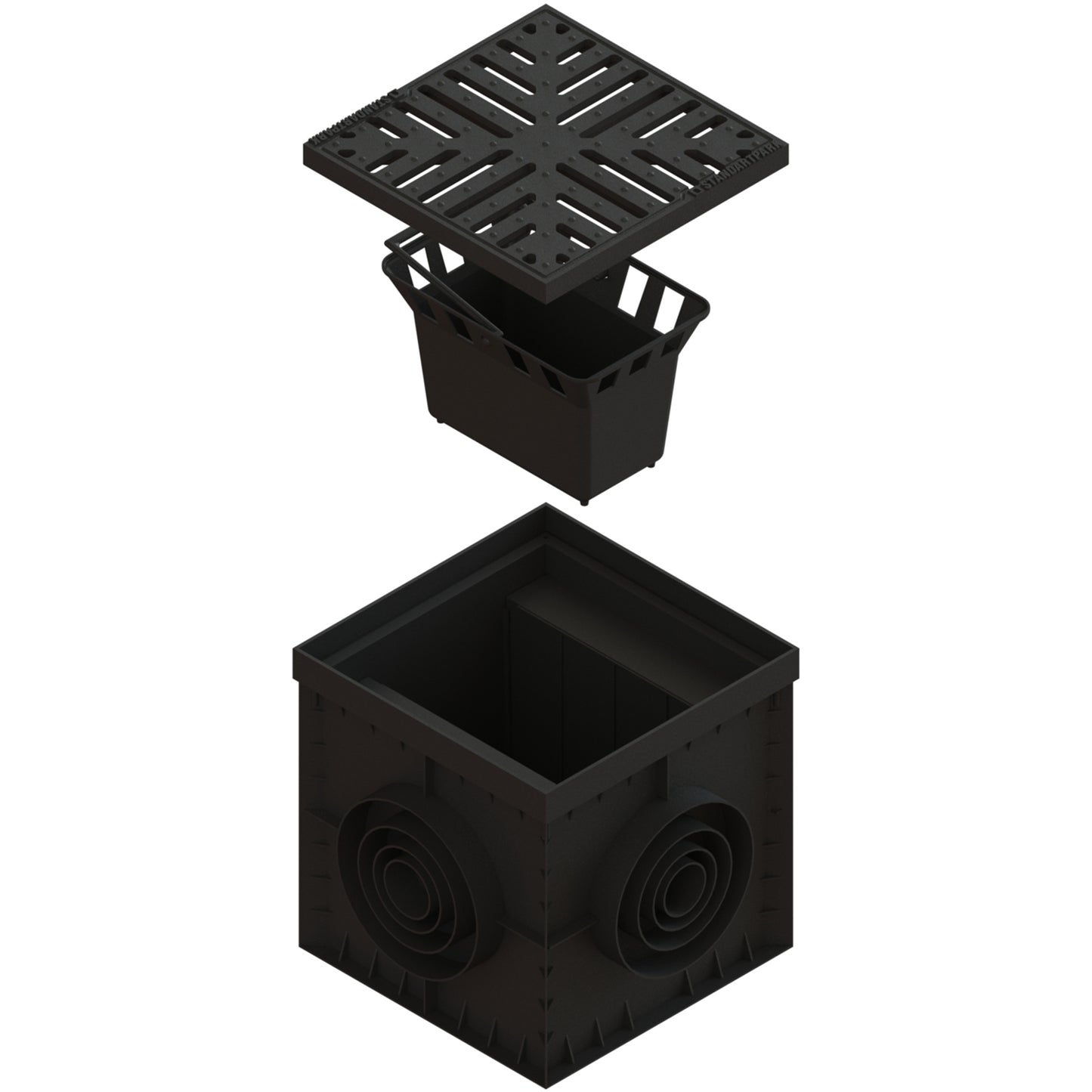 Hofabläuf / Punktentwässerung 30x30cm Gussrost Stern mit Fangkorb + Siphone